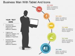 Apt business man with tablet and icons flat powerpoint design