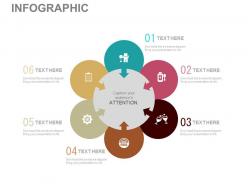 Apt six staged circular infographics for global marketing flat powerpoint design