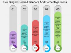 Ar five staged colored banners and percentage icons flat powerpoint design