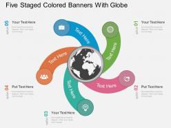 As five staged colored banners with globe flat powerpoint design