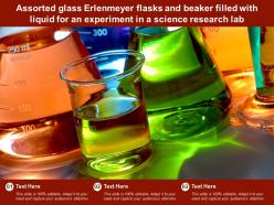 Assorted glass erlenmeyer flasks beaker filled with liquid for an experiment in a science research lab