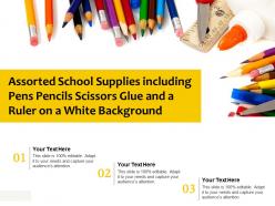 Assorted school supplies including pens pencils scissors glue and a ruler on a white background