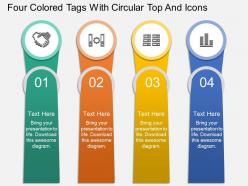 At four colored tags with circular top and icons powerpoint template