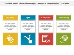 Automation benefits showing efficiency agility compliance and transparency with 4 text options