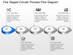 Av five staged circular process flow diagram powerpoint template slide