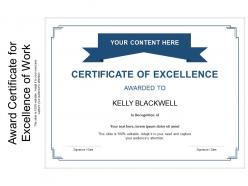 Award certificate for excellence of work