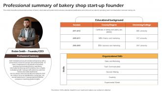 Bakery Cafe Business Plan Professional Summary Of Bakery Shop Start Up Founder BP SS