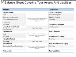 Balance sheet covering total assets and liabilities