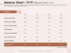 Balance sheet fy19 tabular form borrowings ppt powerpoint presentation show background designs