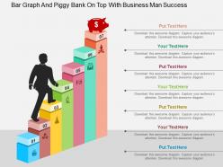 Bar graph and piggy bank on top with business man success flat powerpoint design