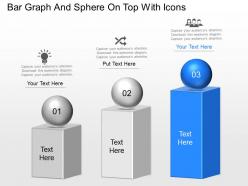 Bar graph and sphere on top with icons powerpoint template slide