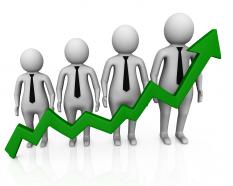 Bar graph of 3d men and green growth arrow stock photo