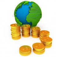 Bar graph with globe made of gold coins stock photo