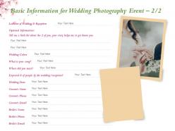 Basic information for wedding photography event ppt powerpoint presentation visual aids