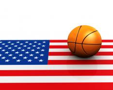 Basket ball on american flag stock photo