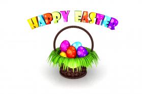 Basket with easter eggs and happy easter message stock photo