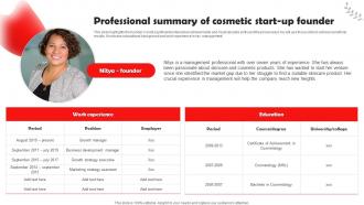 Beauty And Cosmetic Business Professional Summary Of Cosmetic Start Up Founder BP SS
