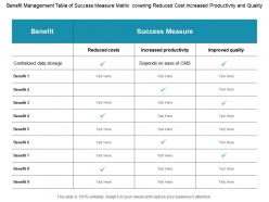 Benefit management table of success measure matrix covering reduced cost increased productivity and quality