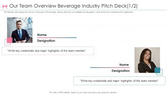 Beverage investor funding elevator pitch deck our team overview beverage industry pitch deck
