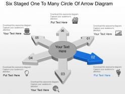 Bg six staged one to many circle of arrow diagram powerpoint template