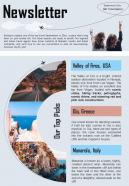 Bifold One Page Travel Agency Newsletter Presentation Report Infographic PPT PDF Document