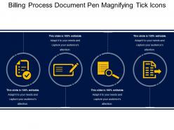 Billing process document pen magnifying tick icons