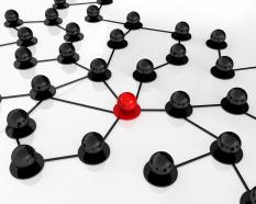 Black and red balls in network with leadership concept stock photo