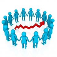 Blue 3d peoples making circle with red growth arrow stock photo