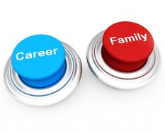 Blue and red buttons on white background shows career and family stock photo