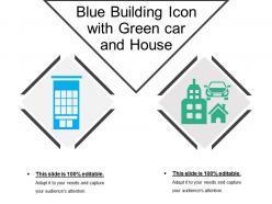 Blue building icon with green car and house