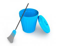 Blue Colored Bin With Broom Stock Photo