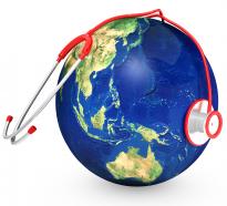 Blue globe with red stethoscope stock photo