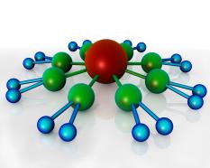 Blue green balls connected with red ball shows leadership and networking stock photo