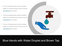 Blue hands with water droplet and brown tap
