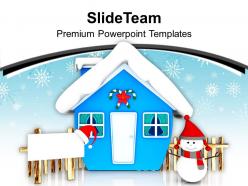 Blue hut and snowman with board powerpoint templates ppt backgrounds for slides 0113