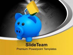 Blue piggy with lock financially secure powerpoint templates ppt themes and graphics 0113