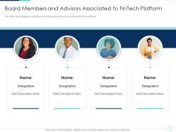 Board members and advisors associated to fintech solutions company investor funding elevator