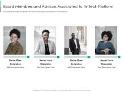 Board members and advisors associated to fintech solutions firm investor funding elevator