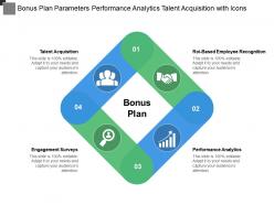 Bonus plan parameters performance analytics talent acquisition with icons