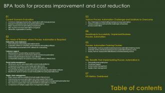 BPA Tools For Process Improvement And Cost Reduction Table Of Contents