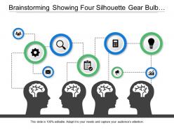 Brainstorming showing four silhouette gear bulb and magnifying glass