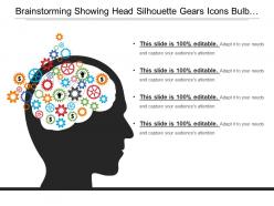 Brainstorming showing head silhouette gears icons bulb and dollar