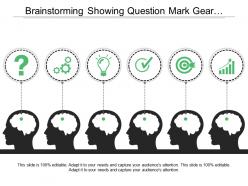 Brainstorming showing question mark gear bulb target icon and bar graph