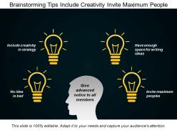 Brainstorming tips include creativity invite maximum people