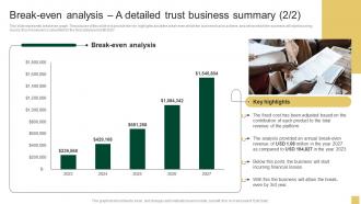 Break Even Analysis A Detailed Trust Business Summary Sample Northern Trust Business Plan BP SS Colorful Compatible