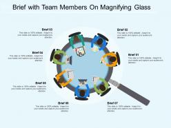 Brief with team members on magnifying glass