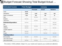 Budget forecast showing total budget actual and variance