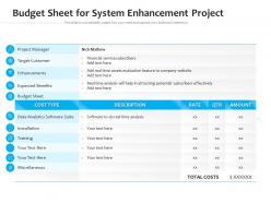 Budget sheet for system enhancement project