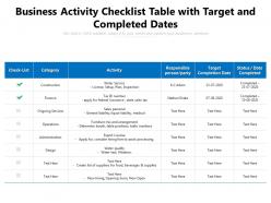 Business activity checklist table with target and completed dates