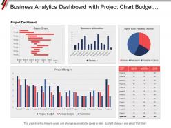 Business analytics dashboard snapshot with project chart budget resource allocation and pending actions